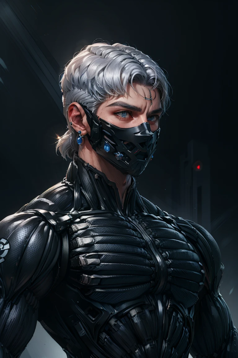 {Best Quality, 8k, Masterpiece}, (Realistic), [[Male]], [[White Hair]], ((Middle Part Haircut)), (Earrings), (Mask)