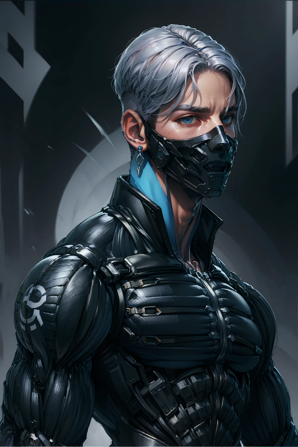 {Best Quality, 8k, Masterpiece}, (Realistic), [[Male]], [[White Hair]], ((Middle Part Haircut)), (Earrings), (Mask)