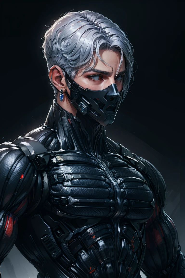 {Best Quality, 8k, Masterpiece}, (Realistic), [[Male]], [[White Hair]], ((Middle Part Haircut)), (Earrings), (Mask)