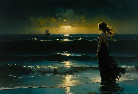 of the sea. masterpiece. best quality. beautiful cinematic impressionistic painting, dark dramatic character, in the style of je...