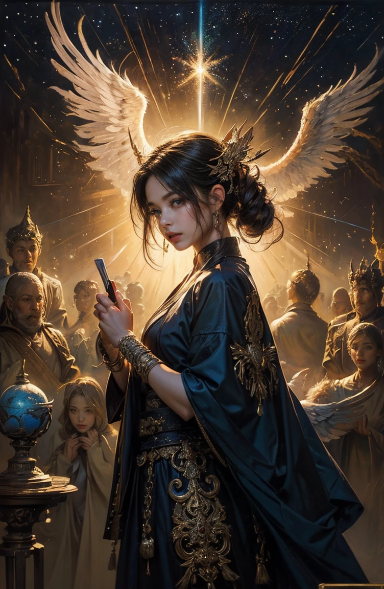 (Tabletop, Highest qualityの, (((((woman)))))、Highest quality, Official Art, (beautifully、beautiful:1.4), (Oil painting:1.4) ),（（male））  (lucifer), God of Japanese God Stories々々, fleeting beauty, A mysterious god illuminated by the starry sky, Winged Angel、god&#39;Grace, Calm and thoughtful expression, Flowing Heavenly Robe, Dazzling silver stars light up the night view, Dance of shadows and lights, Whispers of Ancient Legends、Very slender、