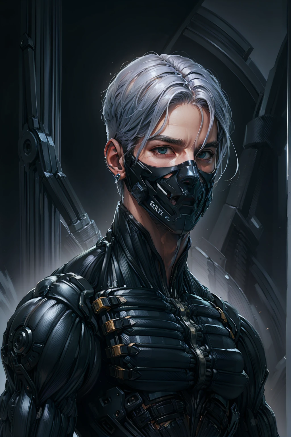 {Best Quality, 8k, Masterpiece}, (Realistic), [[Male]], [[White Hair]], ((Middle Part Haircut)), (Earrings), (Mask)