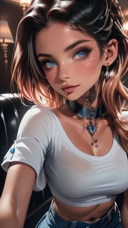 (Best Quality, 8k, 32K, masterpiece, HD:1.2), High resolution, sharp focus, Detailed costume, absurdities, Clave visual,++++, Beautiful detailed hair, delicate details, *****, (((close up, portrait, raw, pixiv)))
short hair, looking at the viewer, inside, blush, blue eyes, medium breasts, choker, half closed eyes, hair between the eyes, Extender, crop top overhang, Hair clip, short sleeves, shirt, not good, under the chest, extension, belly button, Wet, white shirt, in bed, cheered up