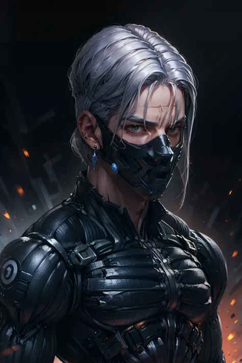 {Best Quality, 8k, Masterpiece}, (Realistic), [[Male]], [[White Hair]], ((Middle Part Haircut)), (Earrings), (Mask)