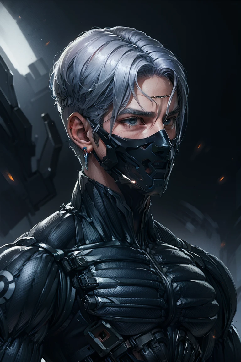 {Best Quality, 8k, Masterpiece}, (Realistic), [[Male]], [[White Hair]], ((Middle Part Haircut)), (Earrings), (Mask)