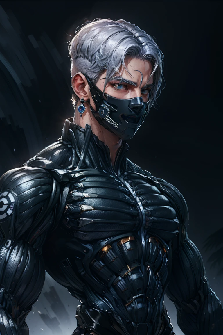 {Best Quality, 8k, Masterpiece}, (Realistic), [[Male]], [[White Hair]], ((Middle Part Haircut)), (Earrings), (Mask)