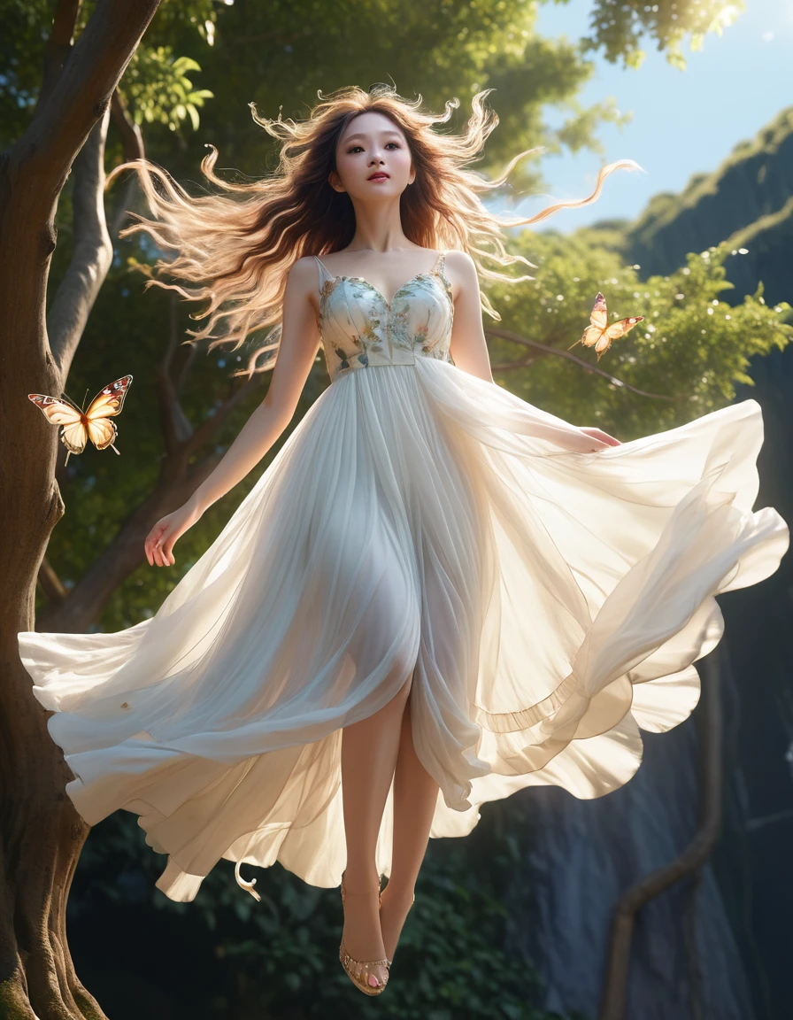 A fairy flying from a tall tree、Butterfly Wings、White sheer dress、Dress with hair fluttering in the wind、Low angle shot:1.7、Detailed ankles、(Highest quality、4K、8k、High resolution、masterpiece:1.2)、Super detailed、(Real、Photorealistic、Photorealistic:1.37)、Detailed fairy、詳細なButterfly Wings、Detailed sheer dress、Detailed flying poses、Detailed windblown hair、Detailed low angle perspective、Fantasy、magical realism、Ethereal、Shine、Warm lighting、Bright colors