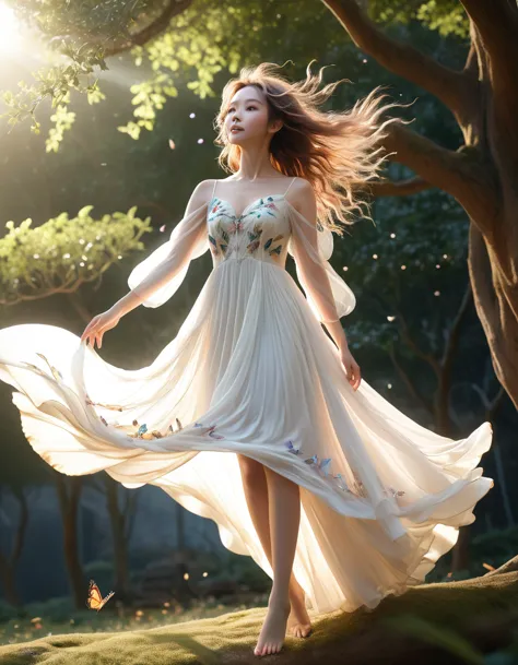 a fairy flying from a tall tree、butterfly wings、white sheer dress、dress with hair fluttering in the wind、low angle shot:1.7、deta...