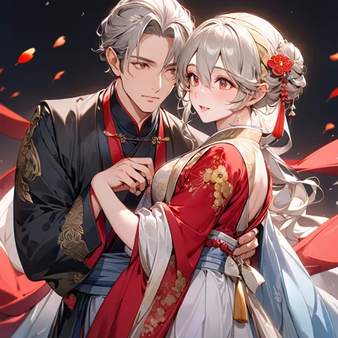 ((highest quality)), ((masterpiece)), (detailed), （perfect face）、the woman has her medium-long silver hair tied up in a bun, is ...