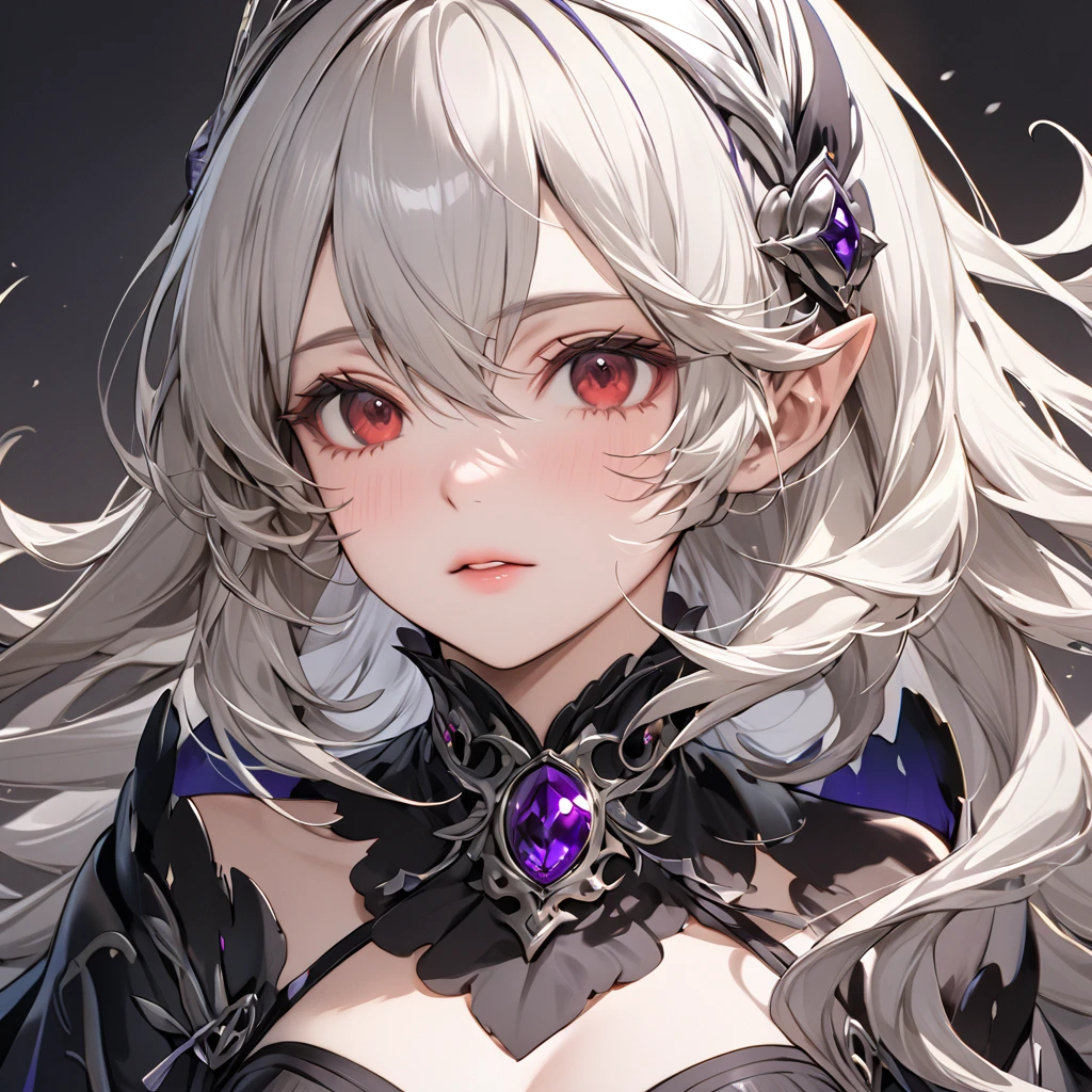 ((Highest quality)), ((masterpiece)), (detailed), （Perfect Face）、The woman is Kamui, a dark princess with medium-long silver hair.