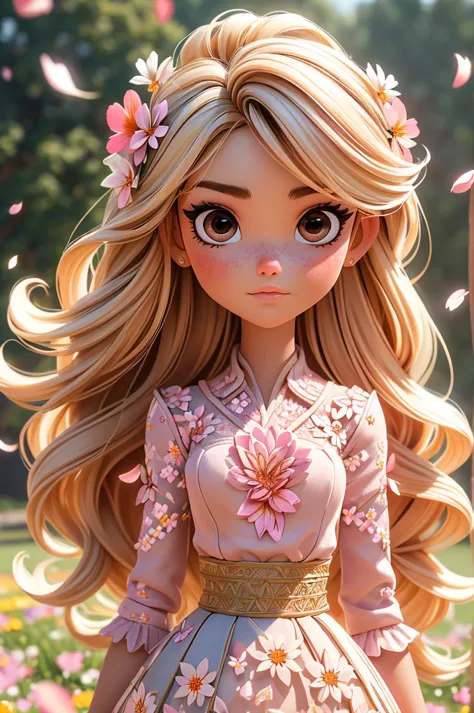 kyle jenner, long hair princess barbie in pretty light pink dress, hires, extremely detaild, detailed back ground, diffuse natur...