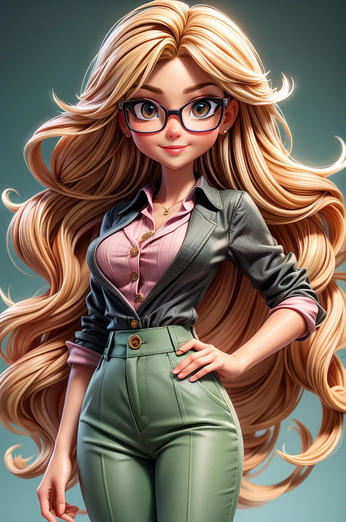 Create a character of a stunning woman. blond, fine and long hair, white skin tone, eyes black, Square-shaped prescription glasses, thin lips, smiling, Wearing a pink blouse and green pants.
