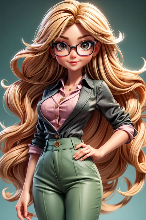 create a character of a stunning woman. blond, fine and long hair, white skin tone, eyes black, square-shaped prescription glass...