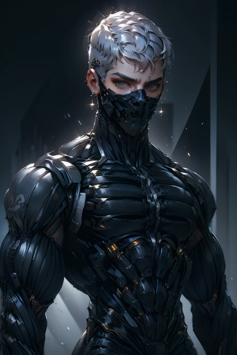 {Best Quality, 8k, Masterpiece}, (Realistic), [[Male]], [[White Hair]], ((Middle Part Haircut)), (Earrings), (Mask)