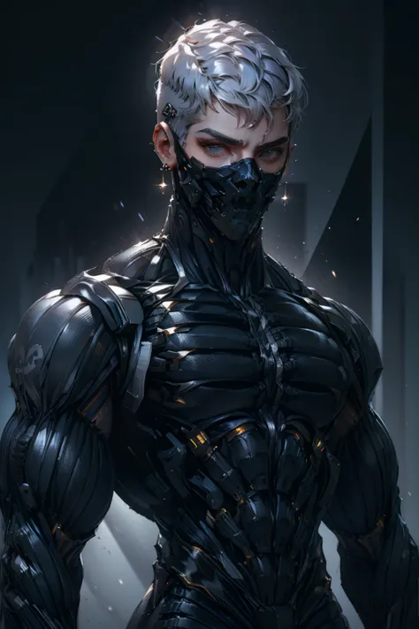 {best quality, 8k, masterpiece}, (realistic), [[male]], [[white hair]], ((middle part haircut)), (earrings), (mask)