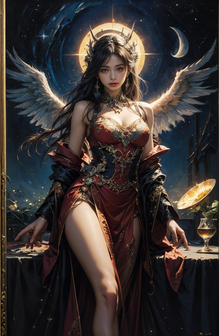 (Tabletop, Highest qualityの, (((((woman)))))、Highest quality, Official Art, (beautifully、beautiful:1.4), (Oil painting:1.4) ),（（male））  (lucifer), God of Japanese God Stories々々, fleeting beauty, A mysterious god illuminated by the starry sky, Winged Angel、god&#39;Grace, Calm and thoughtful expression, Flowing Heavenly Robe, Dazzling silver stars light up the night view, Dance of shadows and lights, Whispers of Ancient Legends、Very slender、