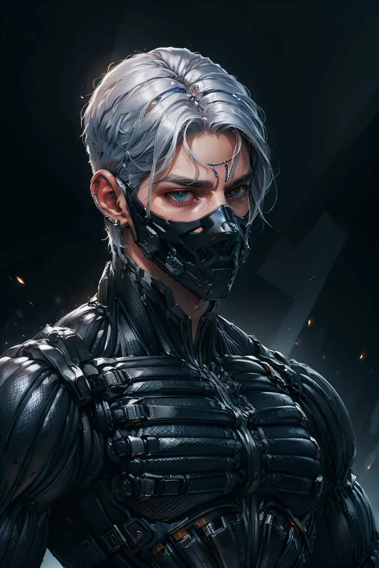 {Best Quality, 8k, Masterpiece}, (Realistic), [[Male]], [[White Hair]], ((Middle Part Haircut)), (Earrings), (Mask)