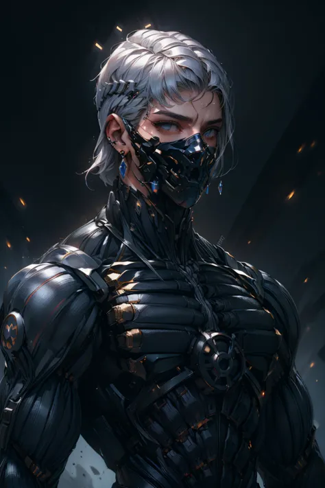 {Best Quality, 8k, Masterpiece}, (Realistic), [[Male]], [[White Hair]], ((Middle Part Haircut)), (Earrings), (Mask)