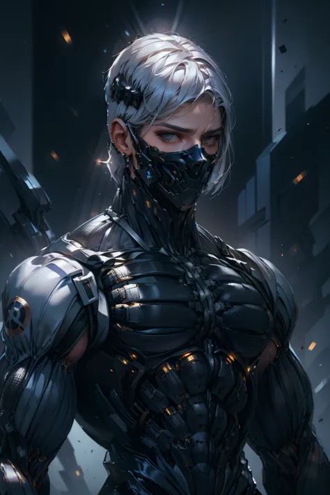 {Best Quality, 8k, Masterpiece}, (Realistic), [[Male]], [[White Hair]], ((Middle Part Haircut)), (Earrings), (Mask)