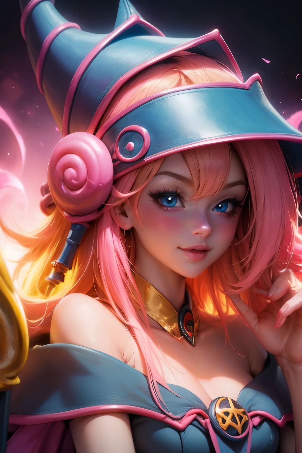 Beautiful face of dark wizard gils. long eyelashes, blue eyes. pink lips. long blonde hair. Yellow hair. exposed shoulders, angelic smile, beautiful well detailed face of dark wizard gils. blowing a kiss. and winking. She is flirtatious with the viewer.