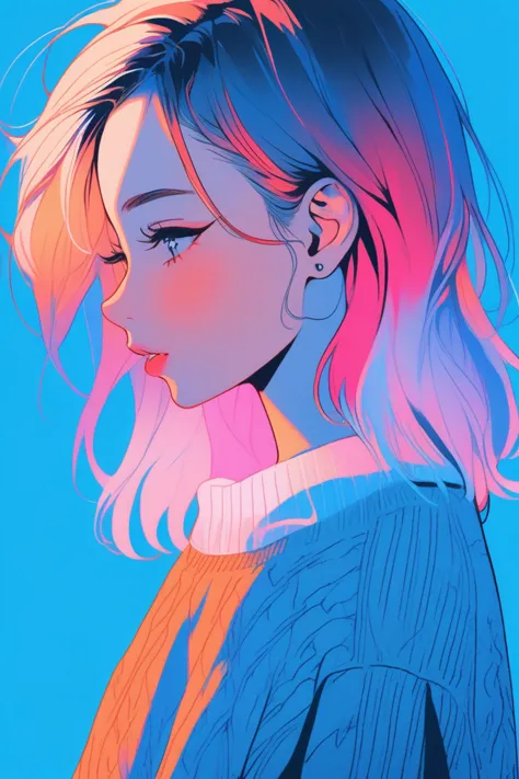 illustrator, anime , realistic ,sketch , one girl, ,lip, sweater,order, blue gradient background, neon hair,textured crop, canad...