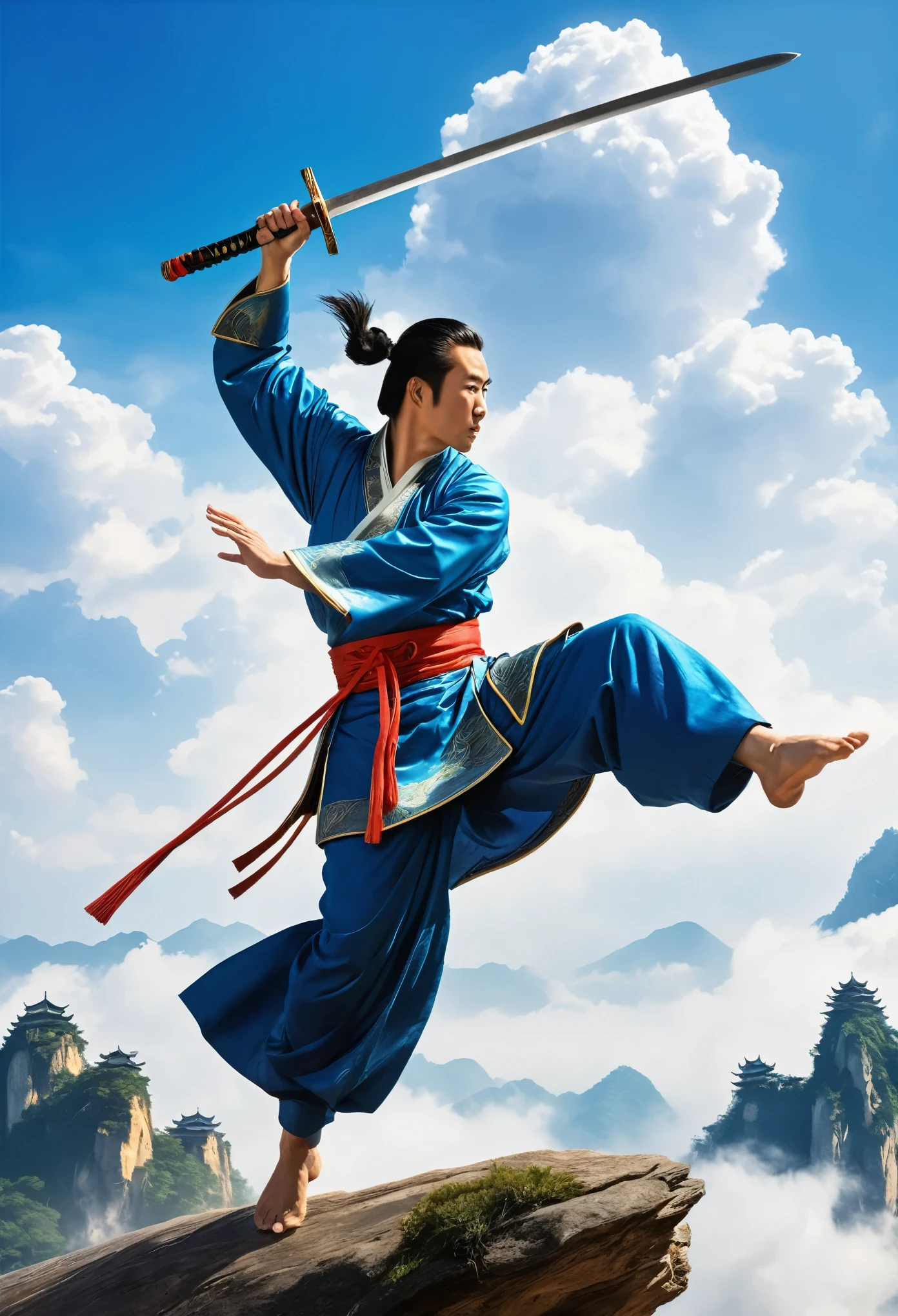 A depiction of an individual, possibly from an East Asian descent, engaged in the act of 'Sword Flight', a concept from classic martial arts literature where a warrior uses their sword's mystical powers to fly or glide through the air. The figure should be mid-air, vertically above a scenic landscape, with their sword horizontally positioned below them as if they were surfing the sky. It's daytime with a vivid blue sky and light cloud cover. The sword should be of ancient Chinese design, possibly radiating with a faint aura. Ancient Chinese architecture in the landscape is a plus.