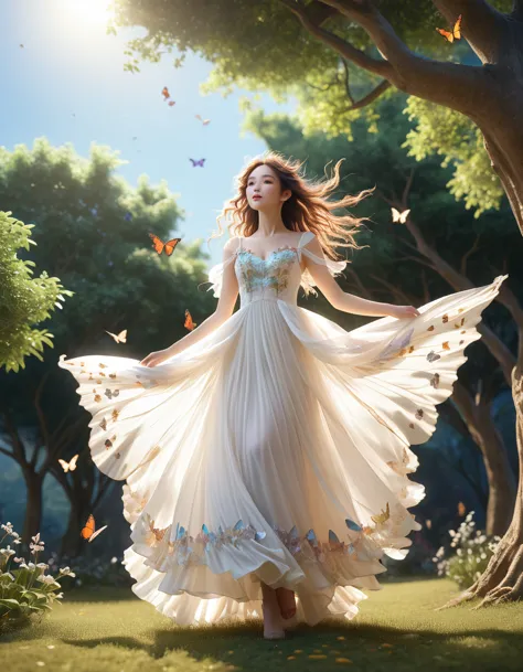 a fairy flying from a tall tree、big butterfly wings:1.4、white sheer dress、dress with hair fluttering in the wind、low angle shot:...