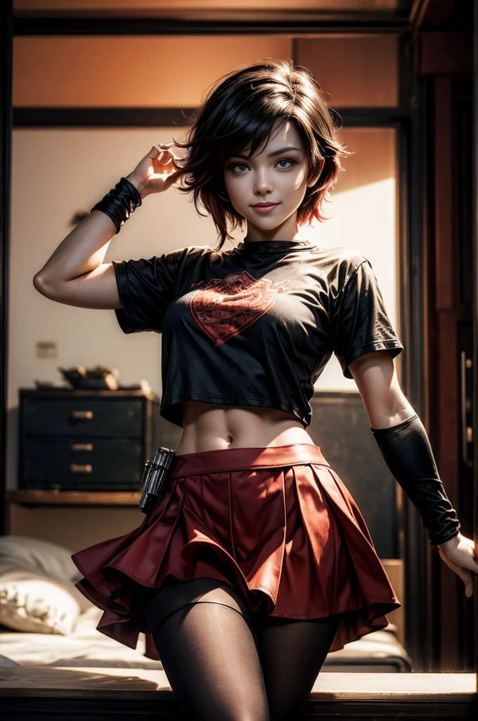 (masterpiece, best quality:1.2), cowboy shot, solo, dynamic pose, 1girl, ruby rose, looking at viewer,  t-shirt, red skirt, pantyhose, in futuristic house,  smile