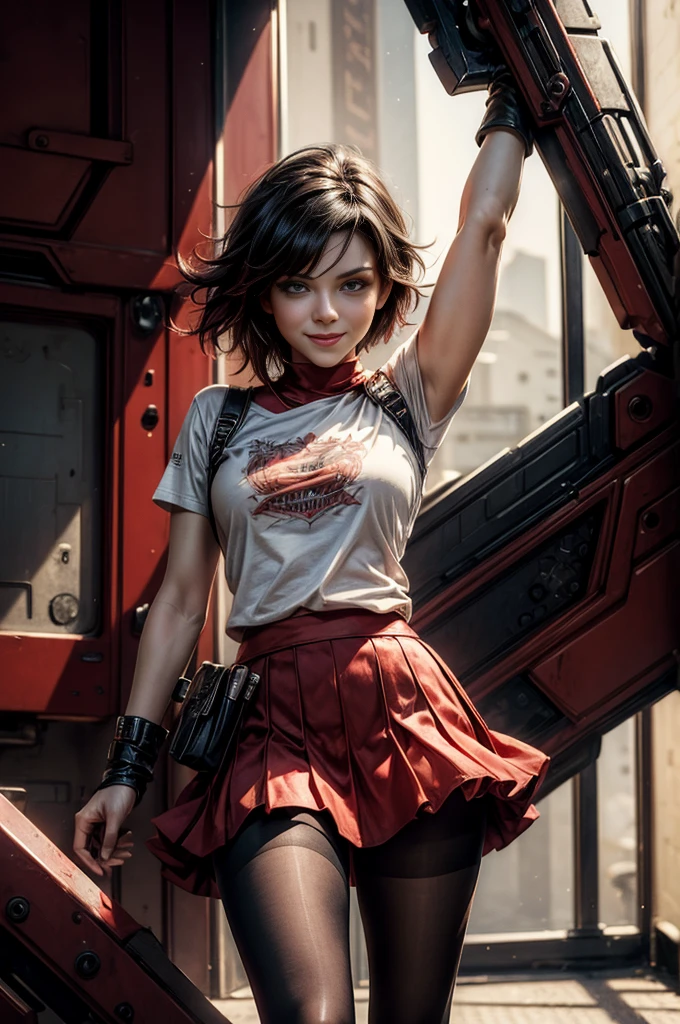 (masterpiece, best quality:1.2), cowboy shot, solo, dynamic pose, 1girl, ruby rose, looking at viewer,  t-shirt, red skirt, pantyhose, in futuristic house,  smile