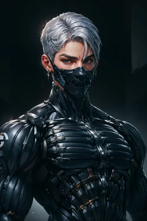 {Best Quality, 8k, Masterpiece}, (Realistic), [[Male]], [[White Hair]], ((Middle Part Haircut)), (Earrings), (Mask)