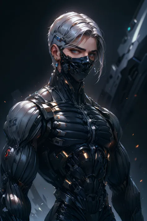 {Best Quality, 8k, Masterpiece}, (Realistic), [[Male]], [[White Hair]], ((Middle Part Haircut)), (Earrings), (Mask)