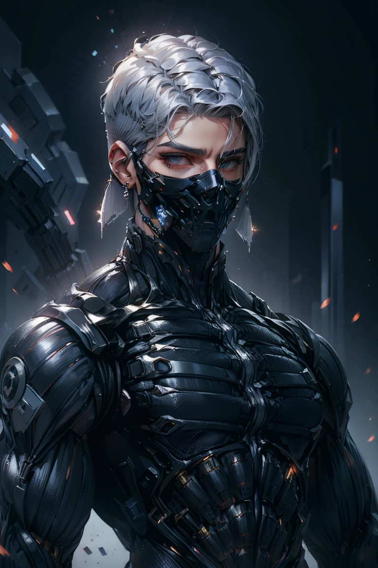 {Best Quality, 8k, Masterpiece}, (Realistic), [[Male]], [[White Hair]], ((Middle Part Haircut)), (Earrings), (Mask)