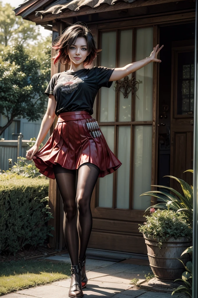 (masterpiece, best quality:1.2), cowboy shot, solo, dynamic pose, 1girl, ruby rose, looking at viewer,  t-shirt, red skirt, pantyhose, outside, futuristic house, garden, smile