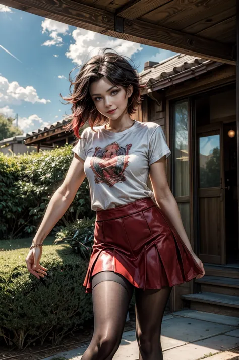 (masterpiece, best quality:1.2), cowboy shot, solo, dynamic pose, 1girl, ruby rose, looking at viewer,  t-shirt, red skirt, pant...