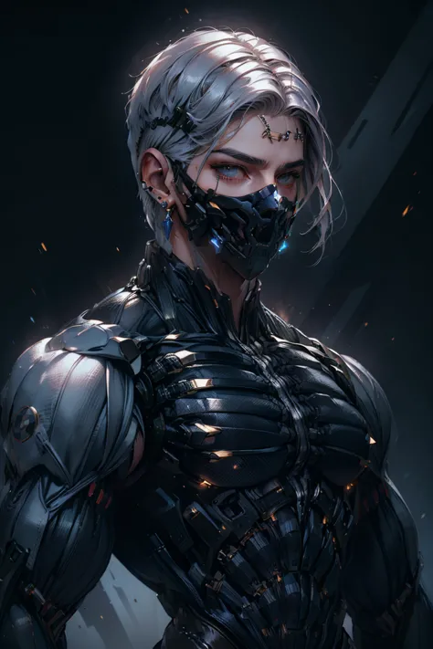 {Best Quality, 8k, Masterpiece}, (Realistic), [[Male]], [[White Hair]], ((Middle Part Haircut)), (Earrings), (Mask)