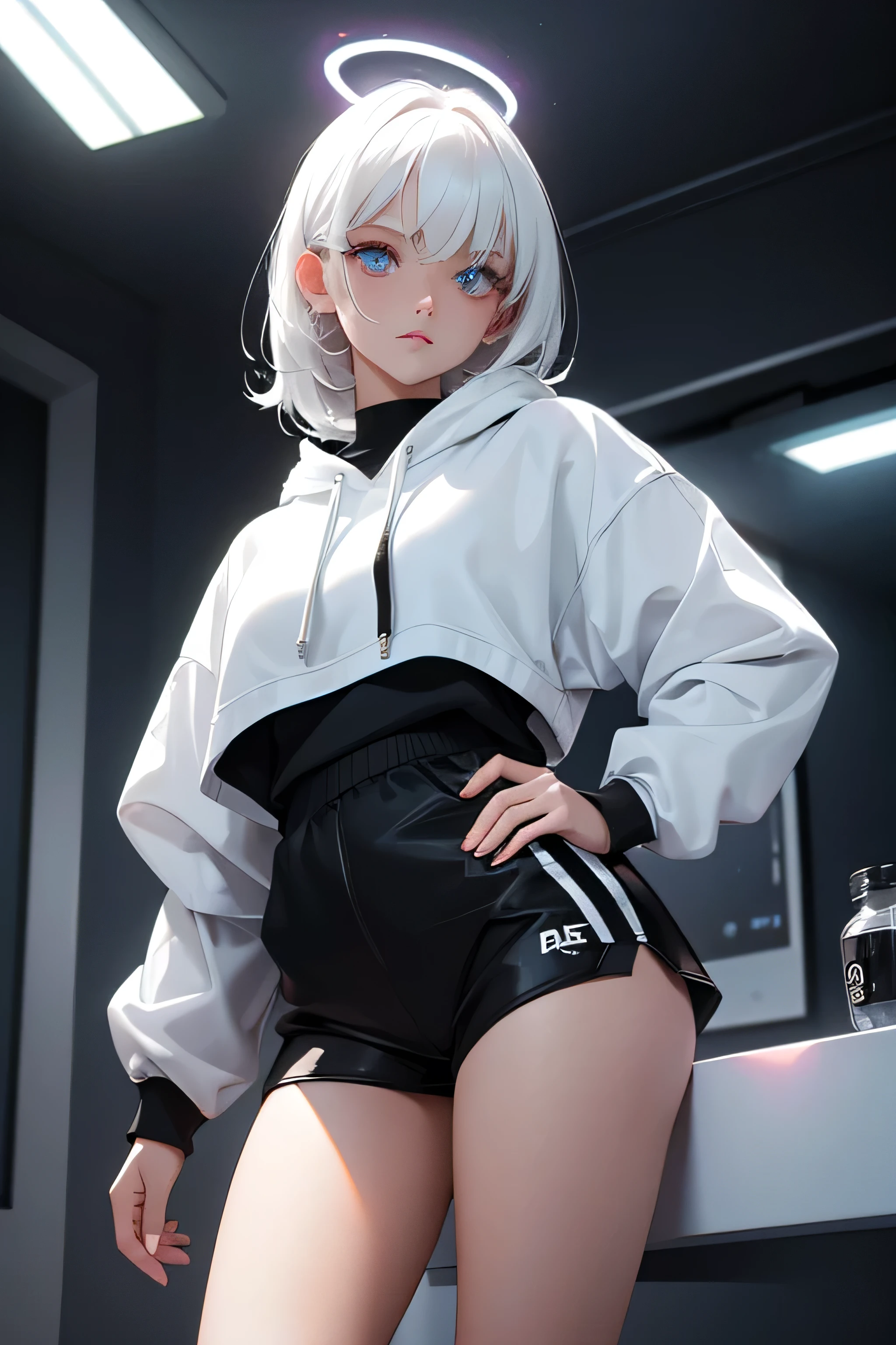 white and black sweatshirt, short shorts, sensuous, sexly, Lighting, Lumiere, ombre, black and white sneakers, neon halo, glare eyes