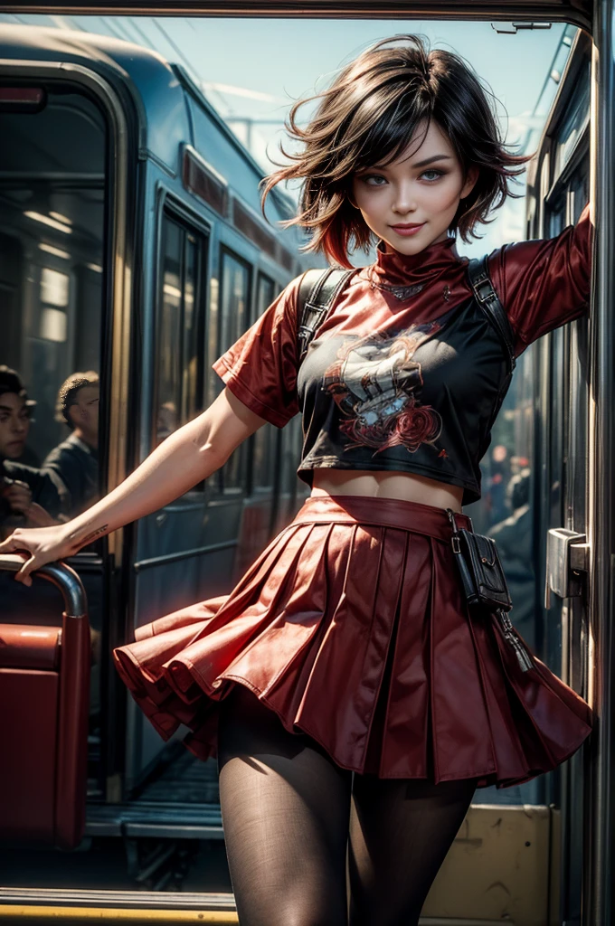 (chef-d&#39;œuvre, Meilleure qualité:1.2), tir de cow-boy, seulement, pose dynamique, 1fille, Ruby Rose, regarder le spectateur,  T-shirt, jupe rouge, collants, debout dans le train, foule, sourire