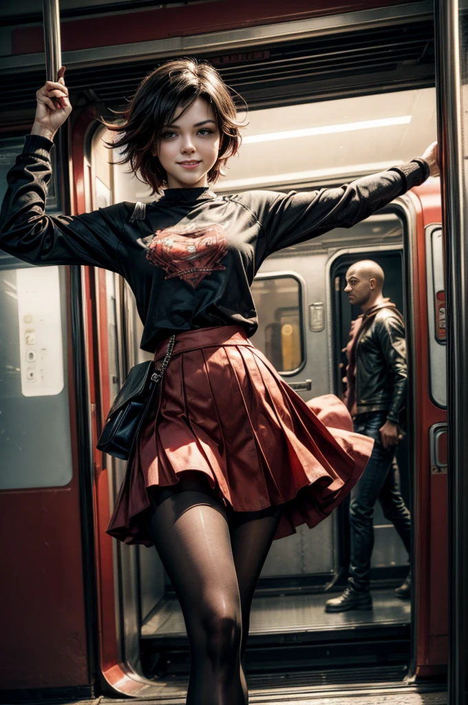 (chef-d&#39;œuvre, Meilleure qualité:1.2), tir de cow-boy, seulement, pose dynamique, 1fille, Ruby Rose, regarder le spectateur,  T-shirt, jupe rouge, collants, debout dans le train, foule, sourire