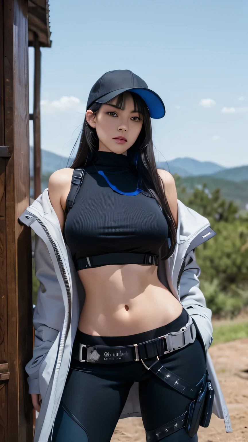 (masterpiece, best quality:1.2), Cowboy shooting, Solitary, 1 Girl, Yarn weaving \(Blue Files\), Looking at the audience, Long hair, Black Hair, Baseball cap, blue eyes, Open clothes, Off-shoulder, coat, Top of crop, Chest harness, Black pants, Thigh Holster, (sexy, erotic, huge breast, slim waist, big ass, holding gun, weapon, firearms)