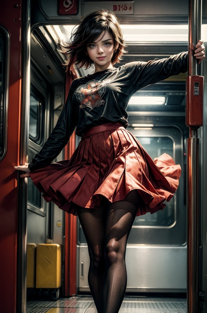 (masterpiece, best quality:1.2), cowboy shot, solo, dynamic pose, 1girl, ruby rose, looking at viewer,  t-shirt, red skirt, pantyhose, standing in train, crowd, smile