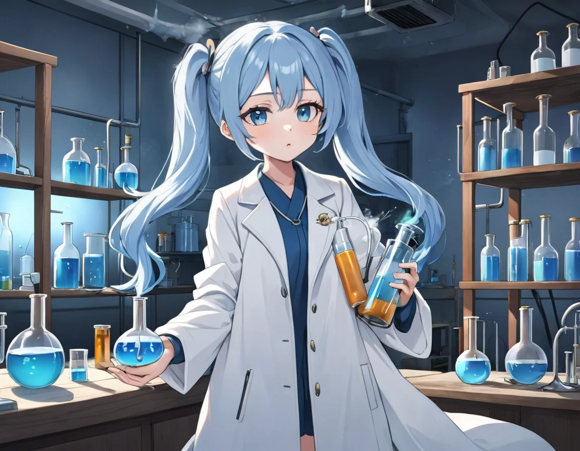 Light blue long hair、Beautiful girl with twin tails、Wearing a white coat during a chemical experiment、Serious face、Bright laboratory、beaker、flask、Graduated cylinder、Alcohol lamp、Experiment failure、Laboratory explosion、White coat and hair burned