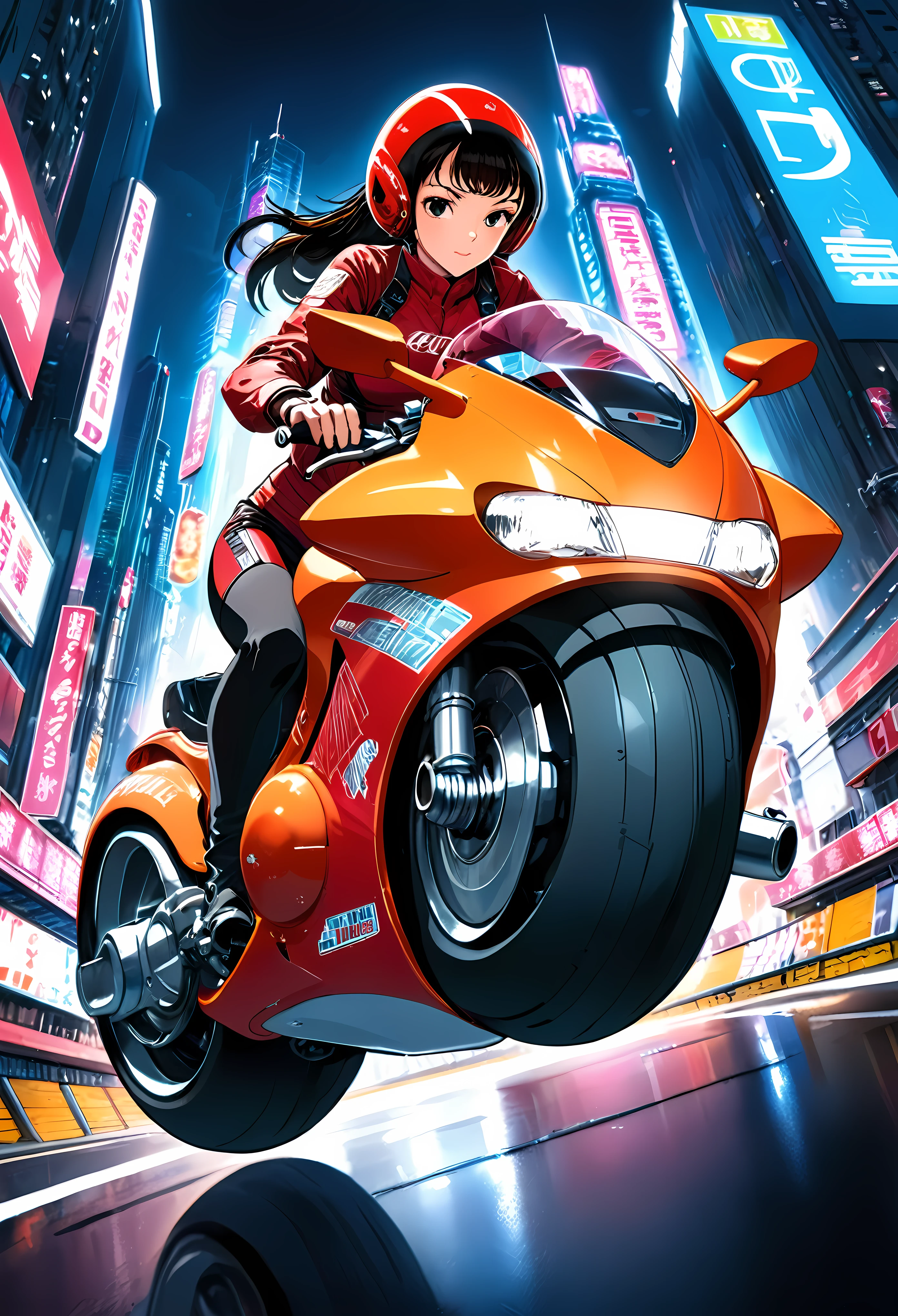 Create a detailed image of a futuristic motorcycle inspired by the iconic bike from the classic Akira manga/anime. The motorcycle should have a sleek, aerodynamic design with a low-slung, elongated body. It should feature a vibrant red color with a glossy finish. The front should have a curved, bubble-shaped windshield, integrated into the bike’s streamlined form. The wheels should be large and chunky, with a futuristic, almost hover-like quality. The front wheel is partially covered by an angular fender, while the rear wheel is exposed, showcasing intricate suspension and mechanical details. The bike should have detailed decals, including logos and futuristic text. The seat should be contoured for a single rider, blending seamlessly into the bike's body. The handlebars should be minimalistic, with advanced digital controls and displays integrated into the design. The background should be a neon-lit cityscape at night, with tall skyscrapers and futuristic elements, evoking a cyberpunk atmosphere. ((Pretty Female bike rider with futuristic neon clothing):1.2). | ((low angle view):1.3), ((perfect_composition, perfect_design, perfect_layout, perfect_detail, ultra_detailed)), ((enhance_all, fix_everything)), More Detail, Enhance.
