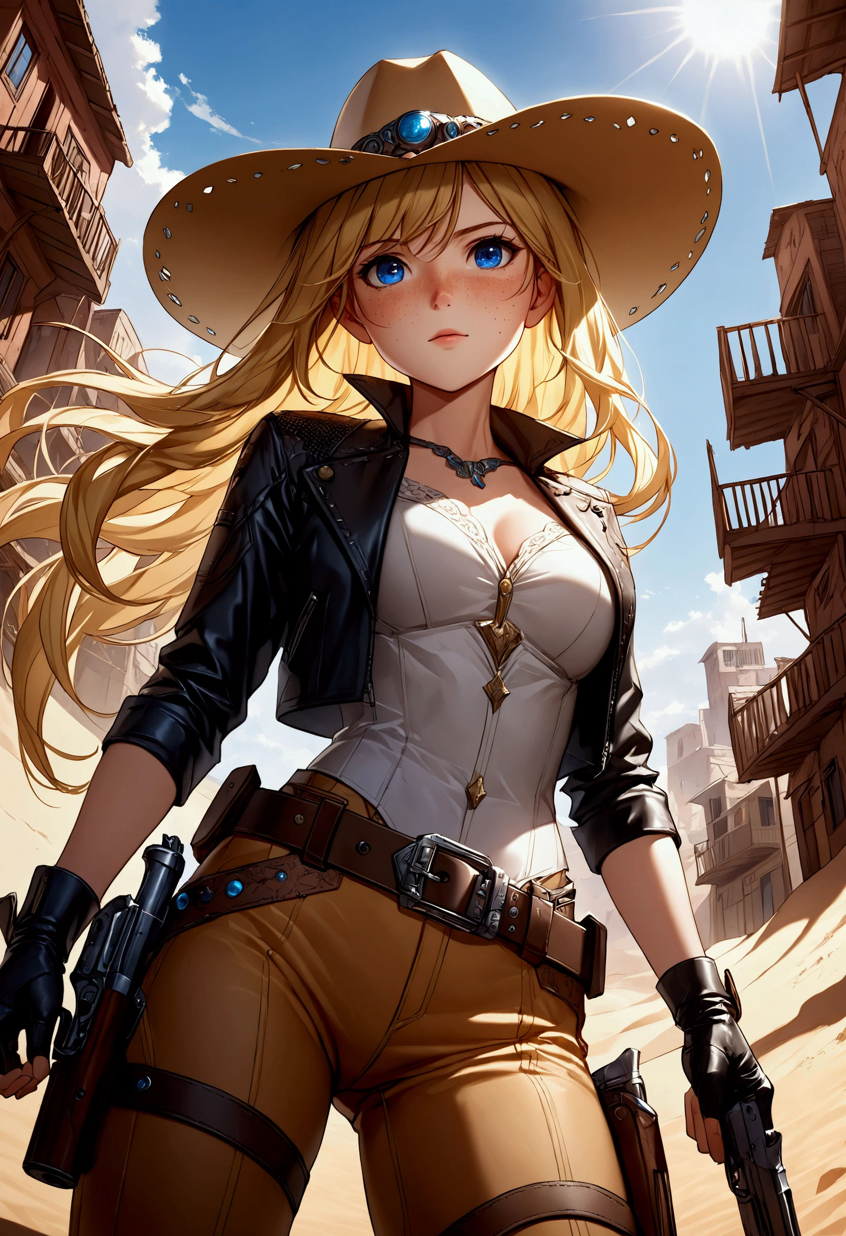 Create a breathtaking, ultra-high-definition image in 16K resolution that captures the adventurous and stylized essence of a Western world realistic photo aesthetic. | Visualize a stunning blonde cowgirl with flowing hair and cute freckles across her cheeks, embodying both strength and grace. She has expressive blue eyes and a natural beauty that shines through her rugged appearance. She is dressed in a stylish yet practical cowgirl outfit, featuring a wide-brimmed hat, a leather jacket with intricate patterns, a belt with a prominent buckle, and sturdy boots. Her attire should blend traditional Western elements with subtle futuristic accents.|The scene is set in a desolate desert town with a few rundown buildings and a vast, arid landscape stretching into the distance. The sky is a brilliant, deep blue with a few wispy clouds, and the harsh sunlight casts long shadows, adding depth and drama to the scene. Dust and tumbleweeds drift across the ground, enhancing the wild and untamed atmosphere.| Capture the cowgirl in a dynamic pose, perhaps with one hand resting on her holstered gun and the other shading her eyes as she gazes into the distance, ready for whatever challenges lie ahead. Her expression should convey a mix of determination and confidence, with a hint of mystery. The low angle camera shot should emphasize her full body, highlighting the details of her outfit and her strong, athletic build. | The overall ambiance should integrate vibrant colors and rich details, creating a sense of depth and immersion in this futuristic Western world. Ensure anatomical correctness, with a focus on ultra-detailed textures and high-quality rendering, capturing every nuance of the cowgirl's appearance and her rugged surroundings. This masterpiece should embody the spirit of adventure and resilience, immersing viewers in its lifelike depiction. | Keywords: (beautiful blonde cowgirl:1.3), ((low angle shot):1.3), ((cute freckles):1.2), ((futuristic Western)), ((dynamic pose)).
