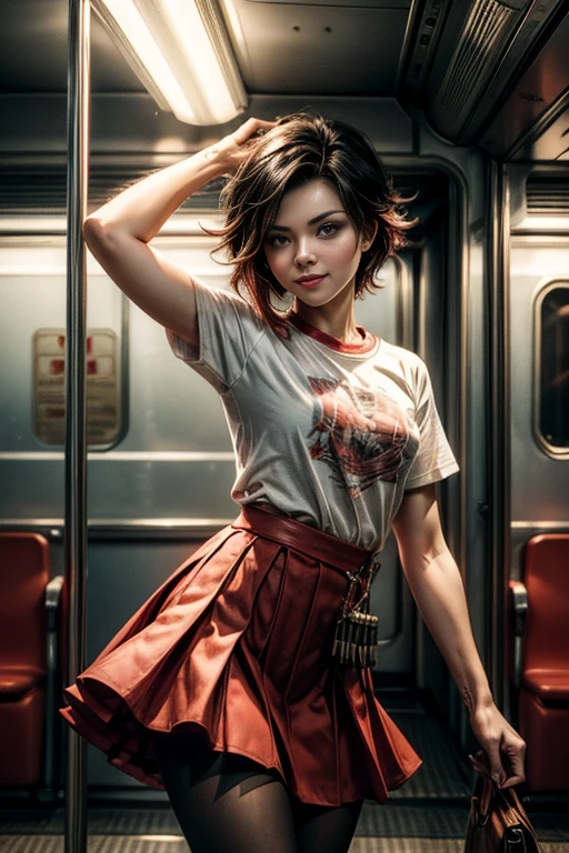 (masterpiece, best quality:1.2), cowboy shot, solo, dynamic pose, 1girl, ruby rose, looking at viewer,  t-shirt, red skirt, pantyhose, standing in train, crowd, smile