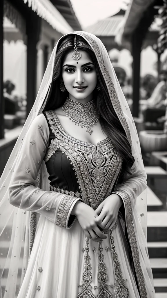 Black and white style potrait, Extremely detailed, women, elven, women, pakistani beautiful body, wearing traditional anarkali , well dressed fully covered body, covered breast ( no cleavage),beautiful enormous size breast, beautiful face, small nose, sexy red eyes, sexy look, red lips, sexy smile, covering hair, 