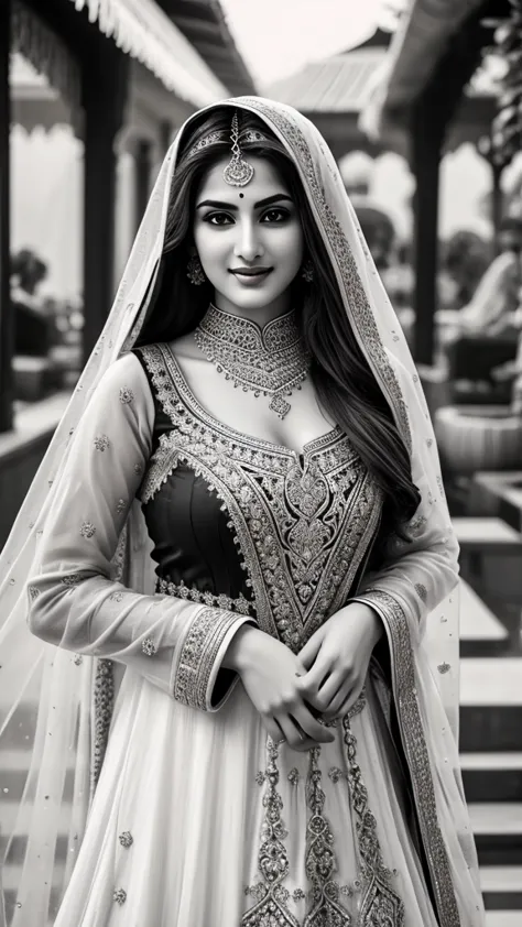 black and white style potrait, extremely detailed, women, elven, women, pakistani beautiful body, wearing traditional anarkali ,...