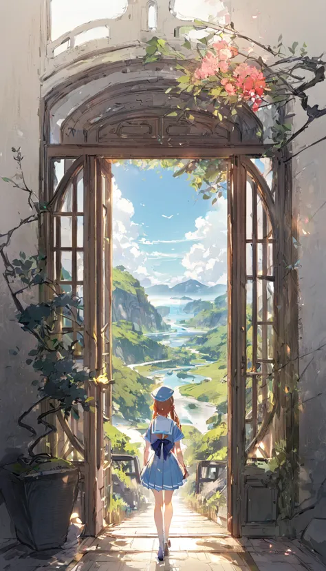 one girl、cute、sailor suit、standing back view、summer landscape、blue sky、large entrance clouds、transparent illustrations、white bac...