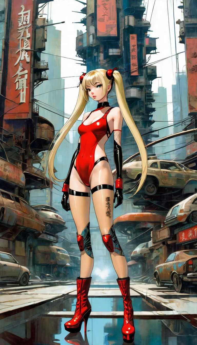 Future sexy asian blonde girl with twin-tails in a futuristic city.1.5, rusty metal city, lots of details, cars, buildings, billboards, nude and very tight tank top, red latex thigh high stocking extreme-highheel-wedge boots , standing pose (Dave Mckean inspired art, intricate details, oil painting)
