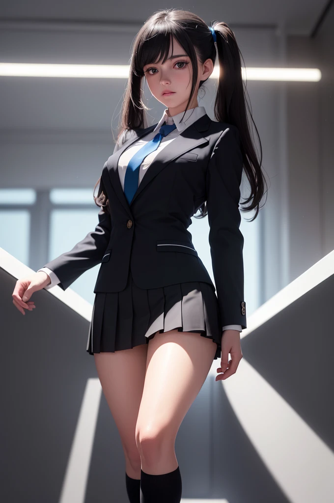 1girl, beautiful young woman, long black hair, twin tails, blue blazer uniform, tie, tight skirt, knee socks, standing in anatomy club room, gazing at viewer, sweet expression, human body drawings on blackboard, (best quality,4k,8k,highres,masterpiece:1.2),ultra-detailed,(realistic,photorealistic,photo-realistic:1.37),anatomy,scientific,precise,hyper-realistic,intricate details,vivid colors,cinematic lighting,volumetric lighting,depth of field,photo-realistic rendering