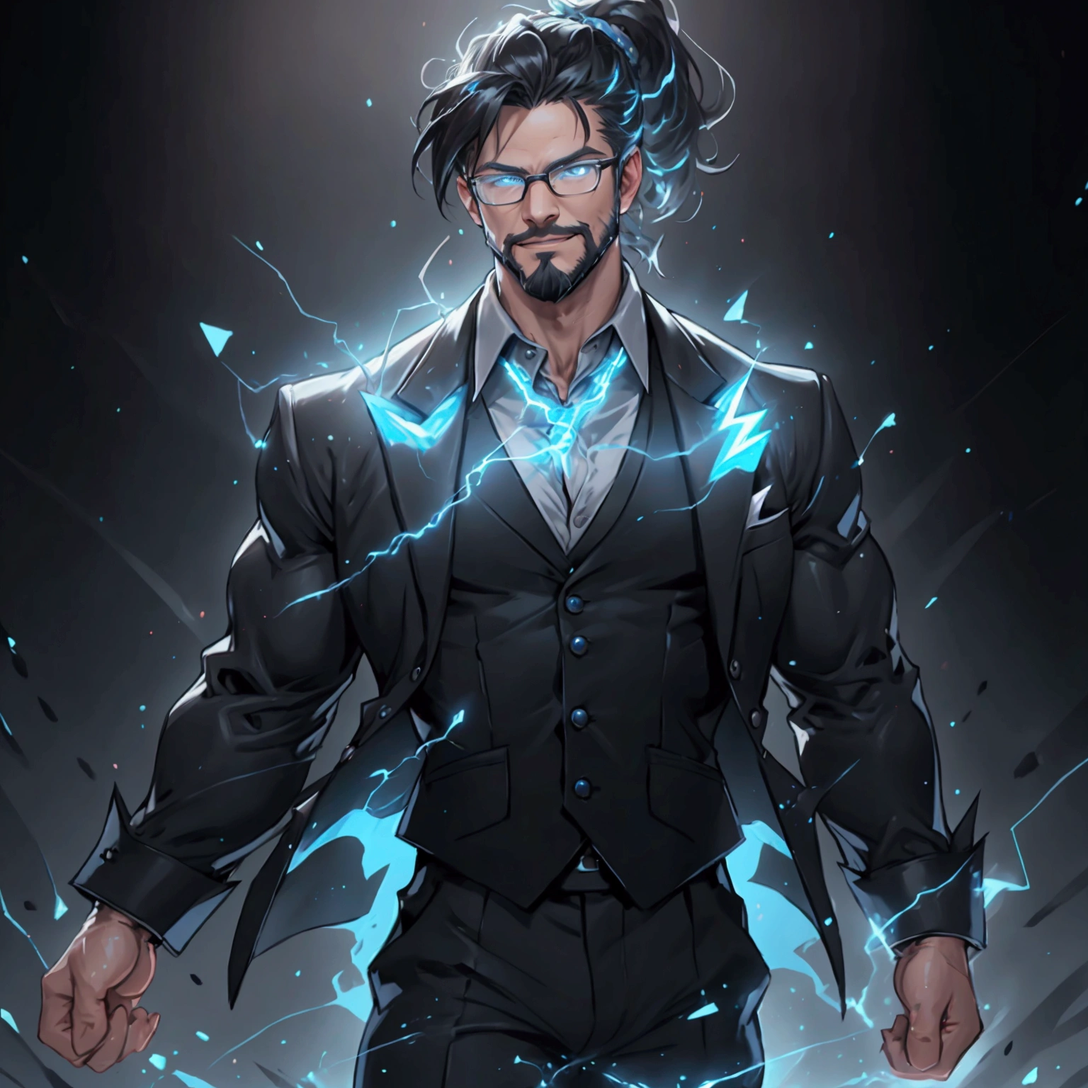 a muscular man with a ponytail, glasses, black hair, light scruffy beard, wearing a business vest and black dress pants, solo, alone, glowing electrical powers, (SOLO)(ALONE), best quality, 8k, highres, masterpiece, ultra-detailed, realistic, photorealistic, photo-realistic, HDR, UHD, studio lighting, ultra-fine painting, sharp focus, physically-based rendering, extreme detail description, professional, vivid colors, bokeh, has blue eyes, blue electric powers, wearing white dress shirt and black vest, fighting pose, grinning, lightning